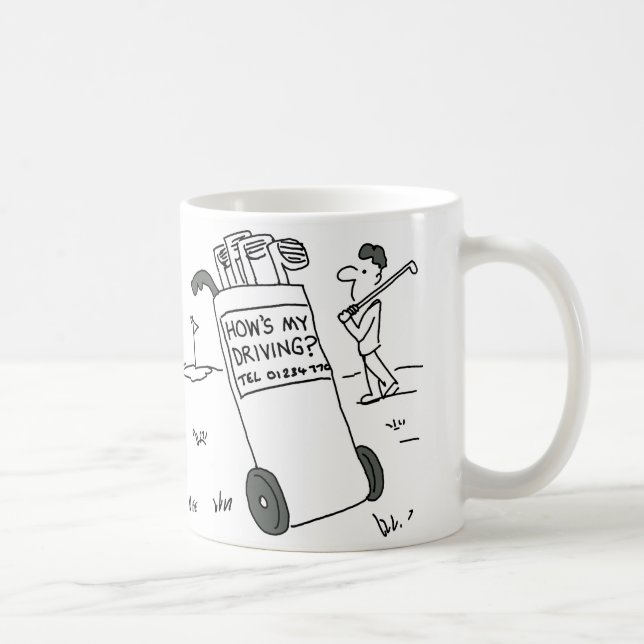 Golfspelare har skylt som säger "Hur kör jag?" Kaffemugg (Höger)