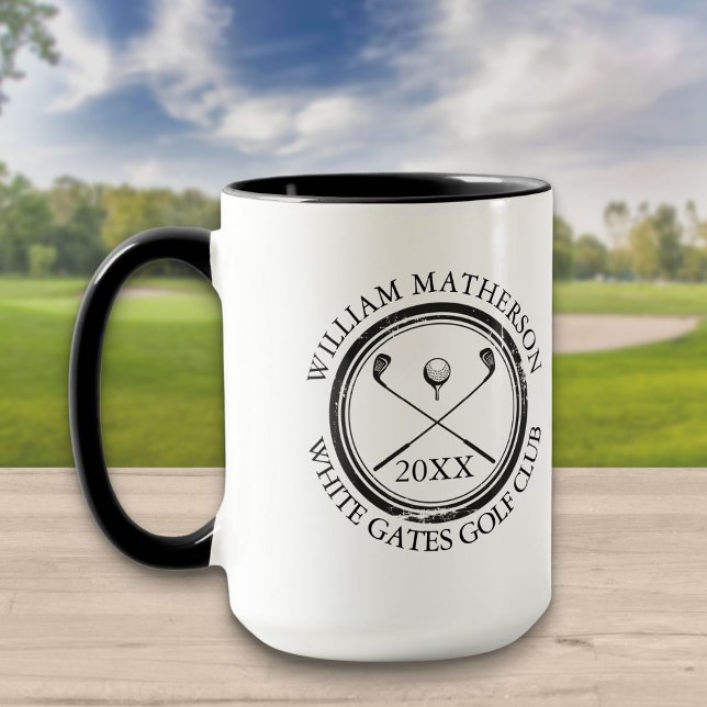 Golfspelare och klubbnamn, datum Svart och vit gol Mugg (Skapare uppladdad)