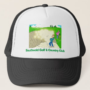 Golfspelare spelar golf och är i sandlådan. keps