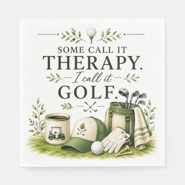 Golfutrustning med text på grön pappersservett (Framsidan)