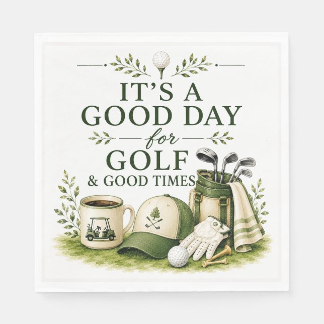 Golfutrustning med text på grön pappersservett (Framsidan)
