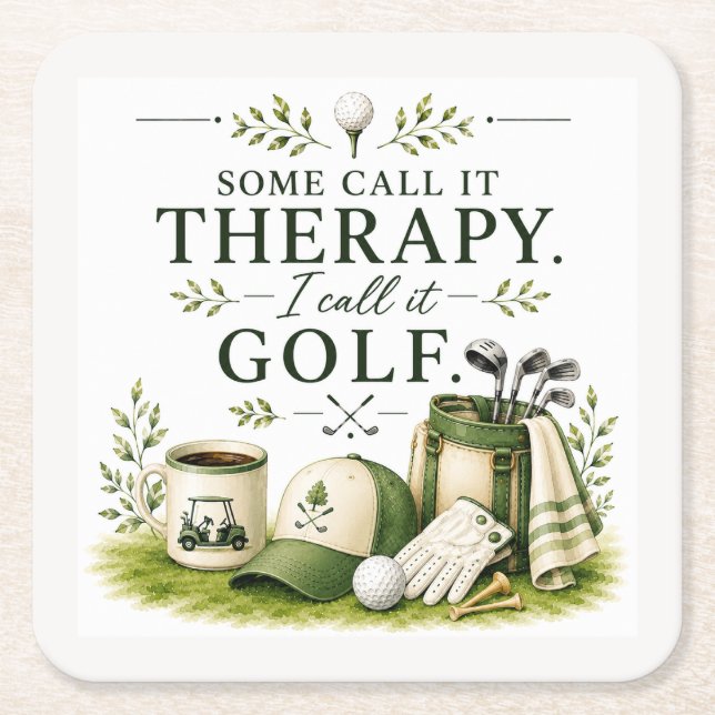 Golfutrustning med text på grön underlägg papper kvadrat (Framsidan)