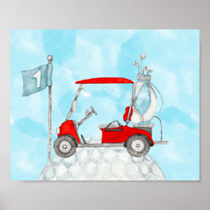 Golfvagn med golf boll och golf flagga poster