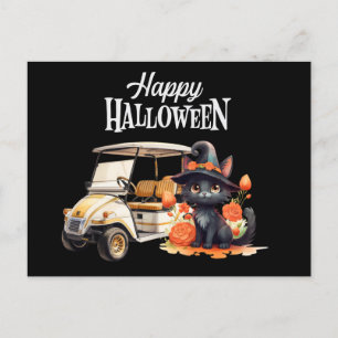 Golfvagn med svart katt för Halloween-dagen Helg Vykort