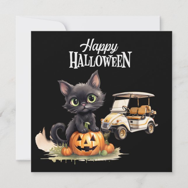 Golfvagn med svart katt för Halloween-dagen Julkort (Framsida)