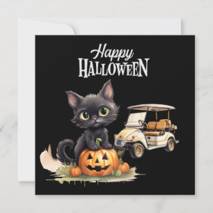 Golfvagn med svart katt för Halloween-dagen Julkort