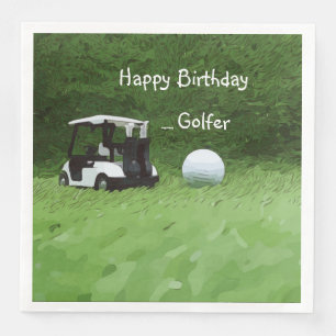 Golfvagn och golfplatta boll på grönt napkin pappersservett