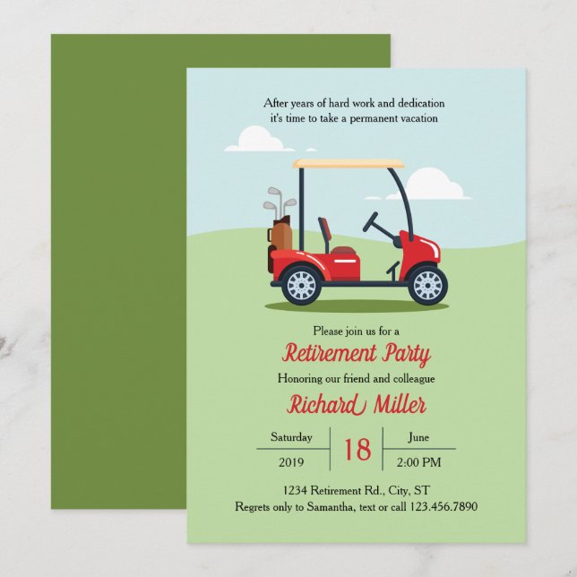 Golfvagnen och jagar pensionpartyinbjudan inbjudningar (Fram/baksida)