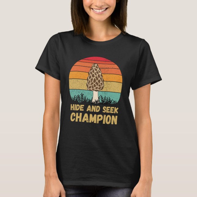 Göm och se Champion Morel Mushroom Hunter Fungi T Shirt (Framsida)