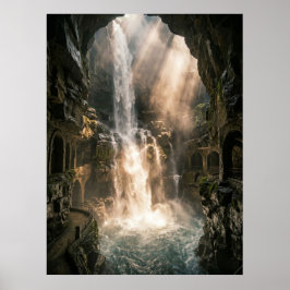 Gömd grotta Vattenfall Solstrålar Poster