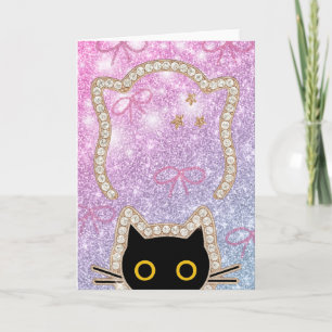 Gömd svart katt som tittar Söt Kawaii Kattälskare Kort