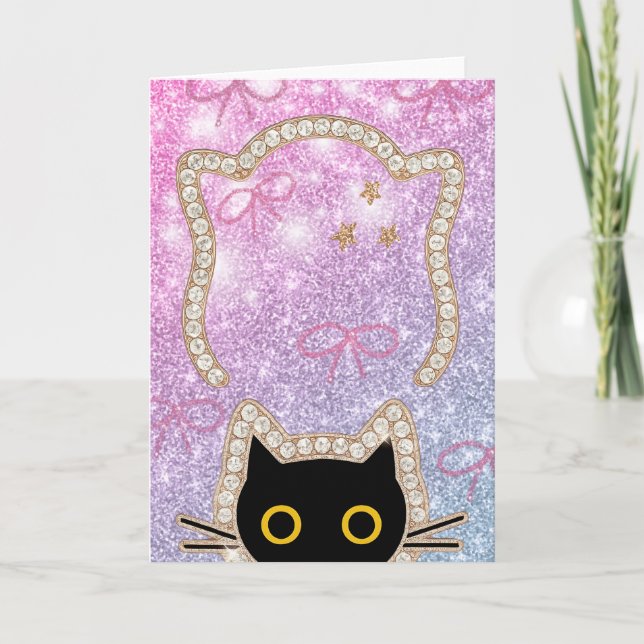 Gömd svart katt som tittar Söt Kawaii Kattälskare Kort (Framsida)