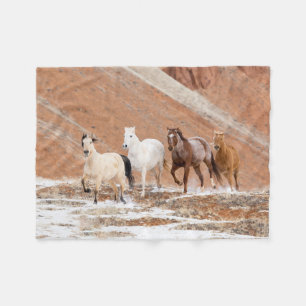 Gömt ranch med liten hjord hästar i snö fleecefilt