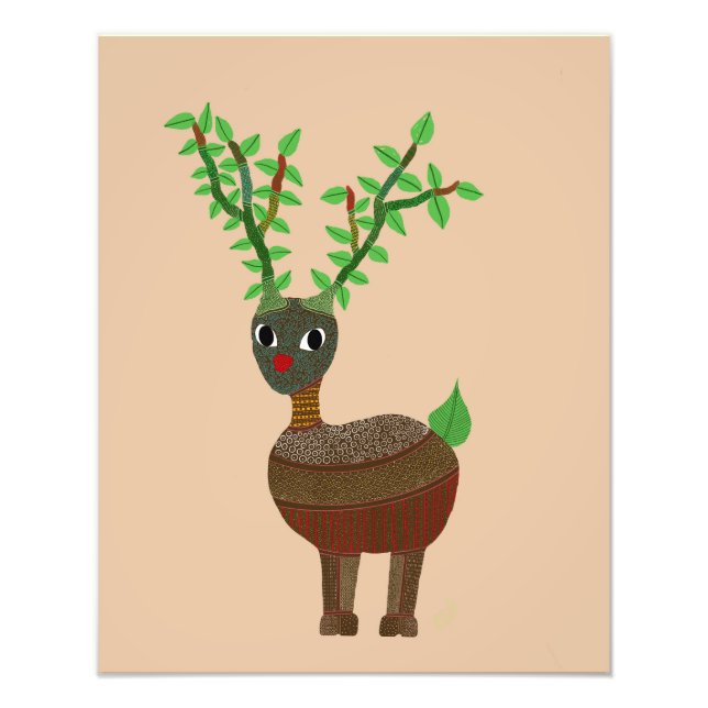 Gond Reindeer Indian FolArt Digital Red Fototryck (Framsidan)