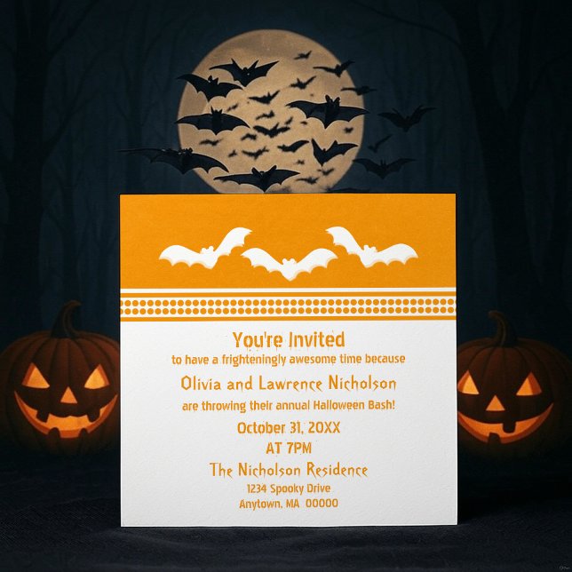 Gone Batty Halloweenfest-inbjudan, Orange & Vit Inbjudningar (Orange and White Gone Batty Halloween Party Invitation)