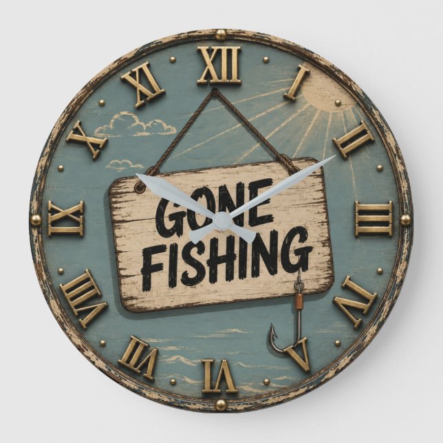 Gone Fishing Funny Fisherman Cabin Gift Stor Klocka (Framsida)