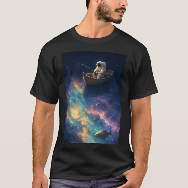 Gone Fishing in Deep Space — Astronaut i roddbåt T Shirt (Framsida)
