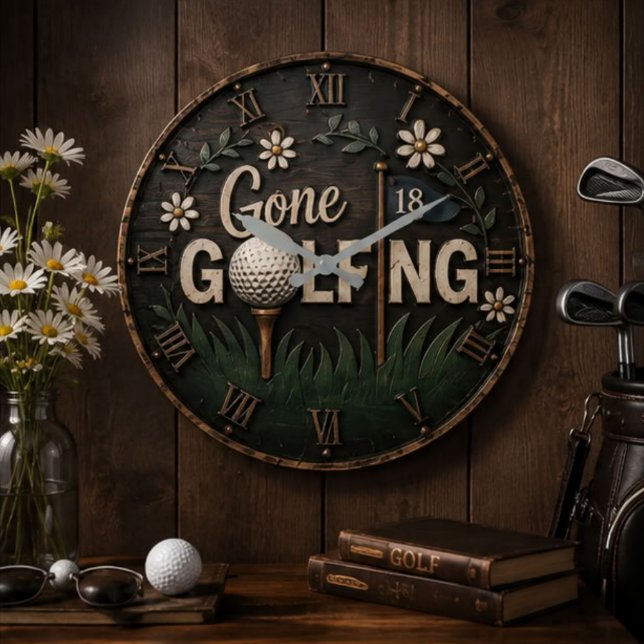 Gone Golfing Rustic Floral Golfer Gift Stor Klocka (Skapare uppladdad)