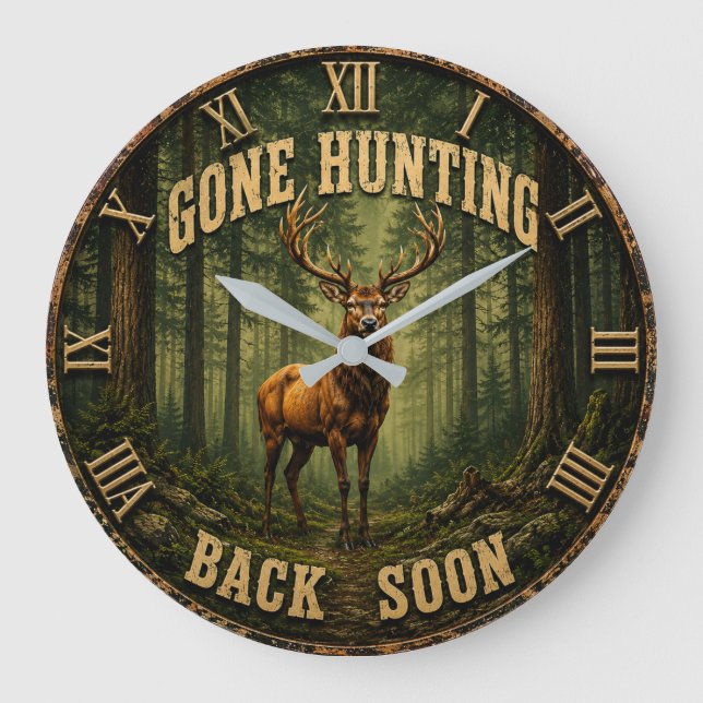 Gone Hunting Back Soon Rustic Hunter Cabin Stor Klocka (Framsida)