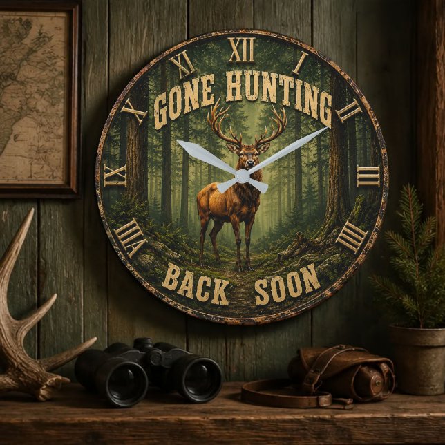 Gone Hunting Back Soon Rustic Hunter Cabin Stor Klocka (Skapare uppladdad)