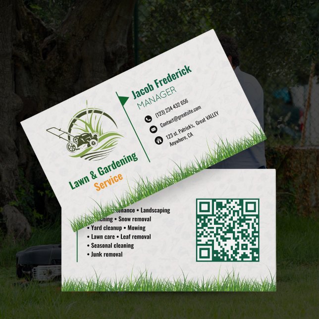 Gönytorv och landskapsarkitektur visitkort – Grön  (Lawn Care & Landscaping Business Card – Green & White wiith Paper Background and QR code )