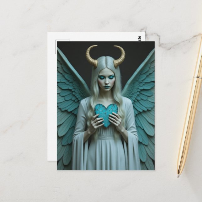 Good and Evil holding a turquoise heart  Vykort (Fram/Back In Situ)