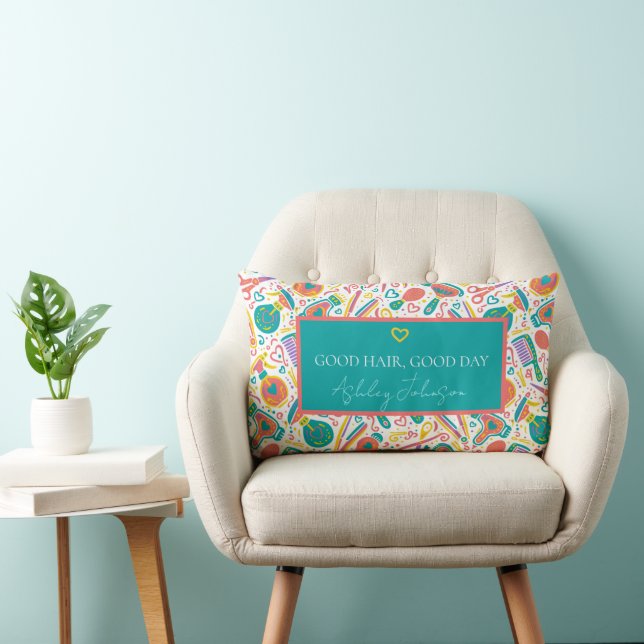 Good hair, good day — teal, coral & mustard lumbarkudde (Stol)