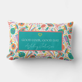 Good hair, good day — teal, coral & mustard lumbarkudde