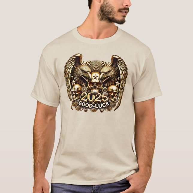 Good Luck 2025 Doppeladler Totenkopf Gold T Shirt (Framsida)