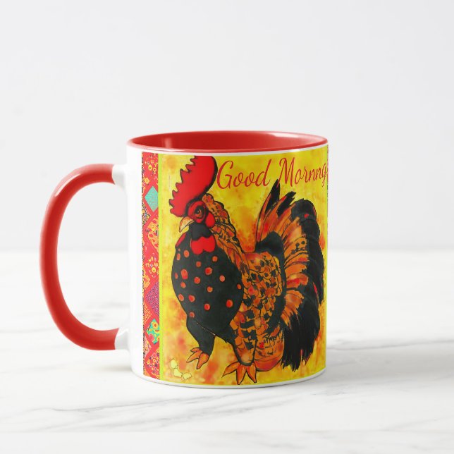 Good Morning Text Rooster Red Orange Drawing  Mugg (Vänster)