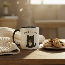 Good Morning with Cute Black Cat Coffee Mugg