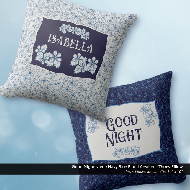 Good Night Name Navy Blue Floral Aesthetic Kudde (Good Night Navy Blue Floral Aesthetic Throw Pillow–Personalized with Your Name)