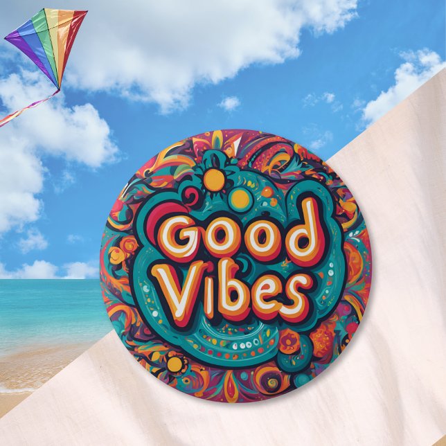 Good Vibes Colorful Groovy Hippie Retro Knapp (Enjoy 'Good Vibes' with this colorful pin button, patterned in a retro hippie style)