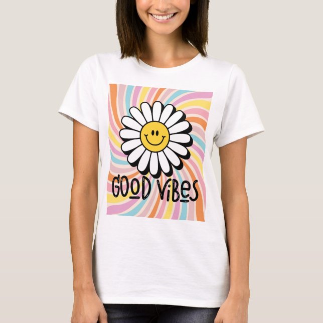 Good Vibes com Flor Sorridente Estampa Psicodélico T Shirt (Framsida)