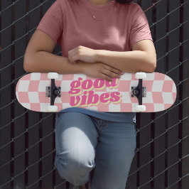 Good Vibes Girly Pastel Rosa White Checker Mönster Mini Skateboard Bräda 18,5 Cm