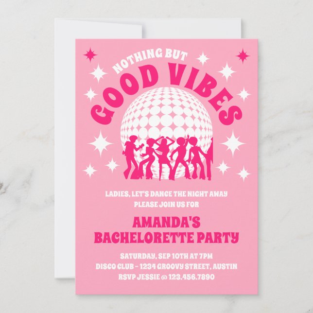 Good Vibes Groovy Rosa Bachelorette Party Inbjudningar (Framsida)
