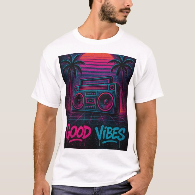 Good Vibes Neon Synthwave Graffiti Mural T Shirt (Framsida)