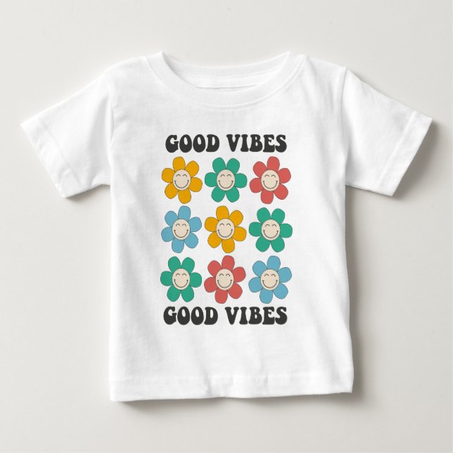 Good Vibes Retro Colorful Daisy Flowers T Shirt (Framsida)