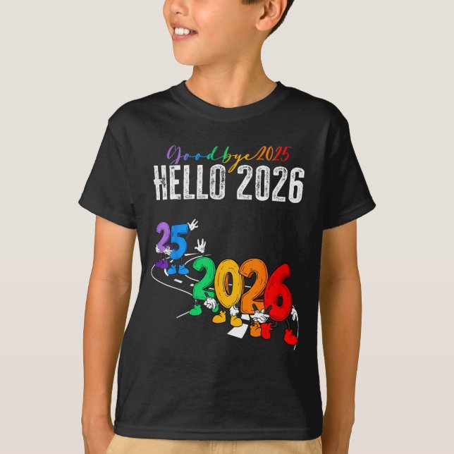Goodbye 2025 Hello 2026 Funny Cartoon New Year Boy T Shirt (Framsida)