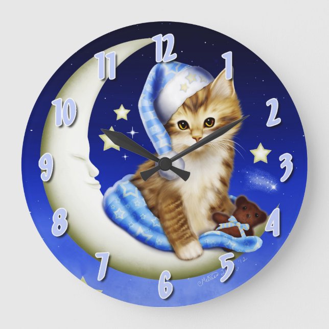 Goodnight Moonlight Cat Nursery Clock Stor Klocka (Framsida)