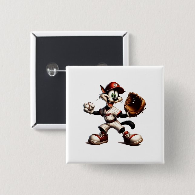 Goofy Cat Baseball Pitcher-Vind upp Knapp (Framsida & baksida)