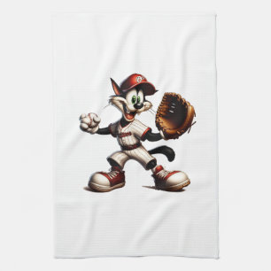 Goofy Cat Baseball Pitcher-Vind upp Kökshandduk