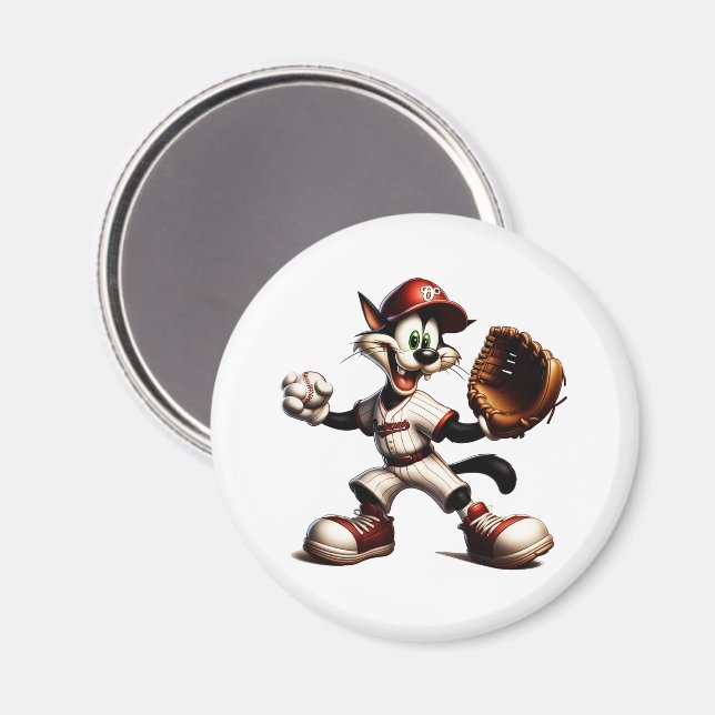 Goofy Cat Baseball Pitcher-Vind upp Magnet (Front/Back)