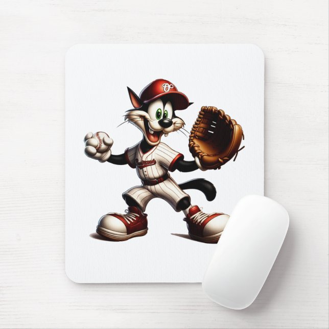 Goofy Cat Baseball Pitcher-Vind upp Musmatta (Med mus)