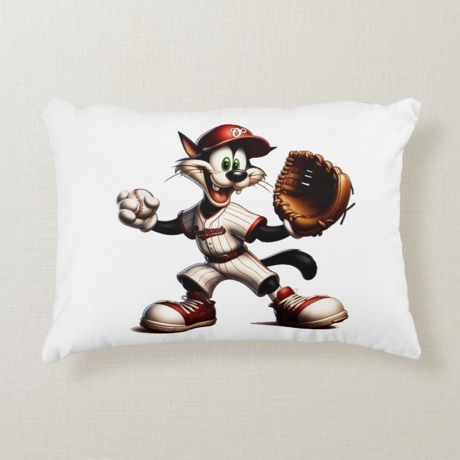 Goofy Cat Baseball Pitcher-Vind upp Prydnadskudde (Framsidan)