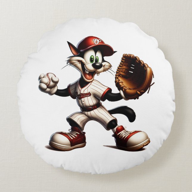 Goofy Cat Baseball Pitcher-Vind upp Rund Kudde (Framsidan)