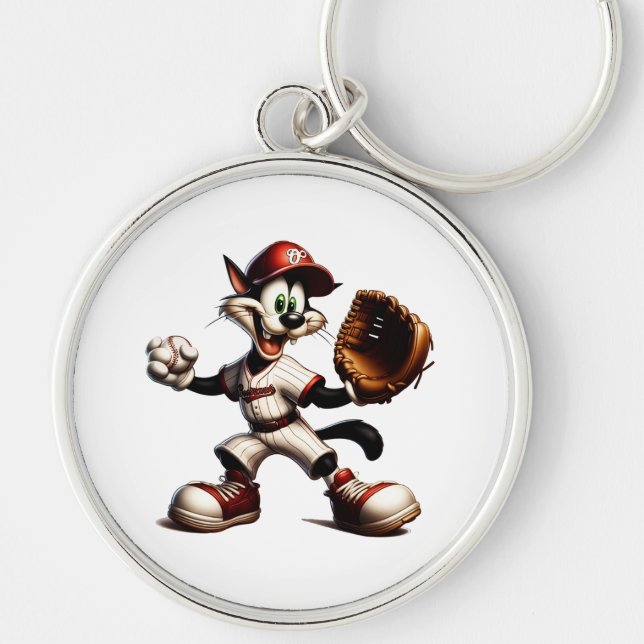 Goofy Cat Baseball Pitcher-Vind upp Rund Silverfärgad Nyckelring (Framsidan)