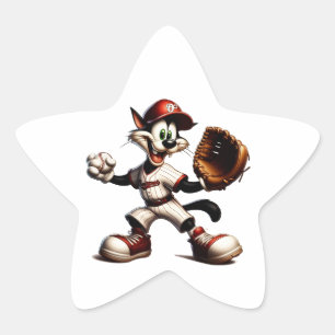Goofy Cat Baseball Pitcher-Vind upp Stjärnformat Klistermärke