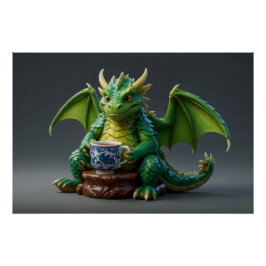 Goofy Welsh Dragon Drinking Tea Perfect Poster