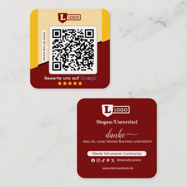 Google Bewertungskarte mit QR code Business Card  Fyrkantigt Visitkort (Fram/baksida)